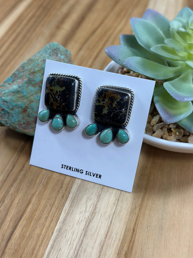 4 Stone BlackJack & Turquoise Stud Earrings