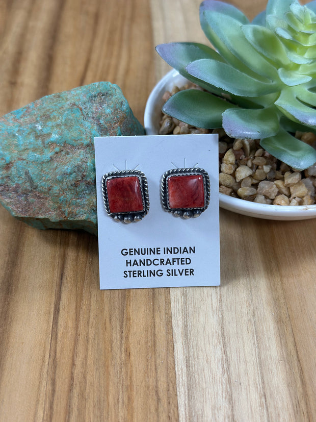 Red Spiny Square  Stud Earrings
