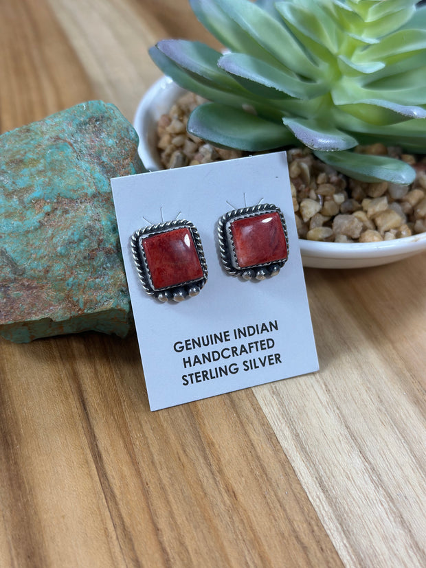 Red Spiny Square  Stud Earrings