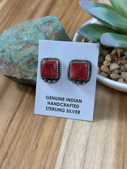 Red Spiny Square  Stud Earrings