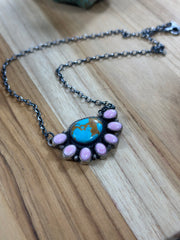 Pink conch and Kingman Half Cluster Necklace
