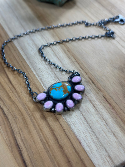 Pink conch and Kingman Half Cluster Necklace