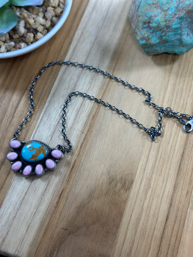 Pink conch and Kingman Half Cluster Necklace