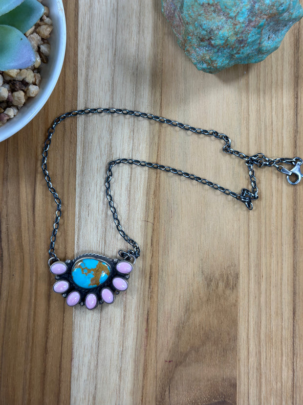 Pink conch and Kingman Half Cluster Necklace