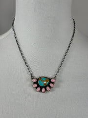 Pink conch and Kingman Half Cluster Necklace
