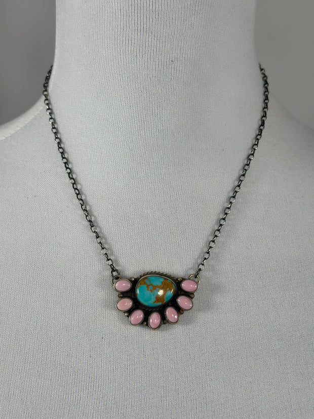 Pink conch and Kingman Half Cluster Necklace