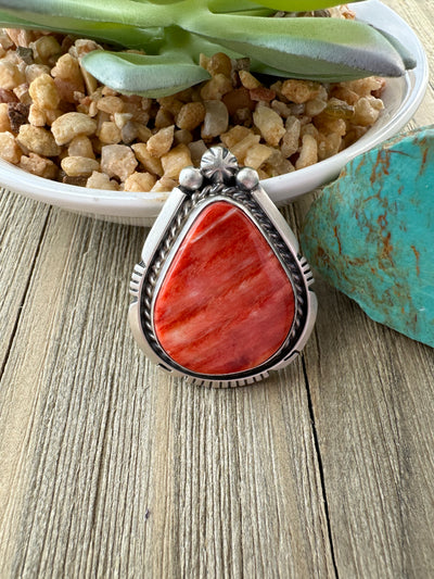Red spiny teardrop ring