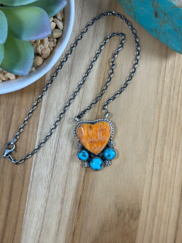 4 Stone Orange & Turquoise Heart Necklace