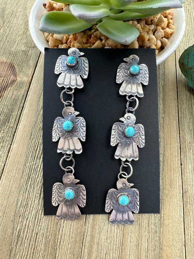 Kingman Turquoise Three Silver Thunderbird Dangle Earrings