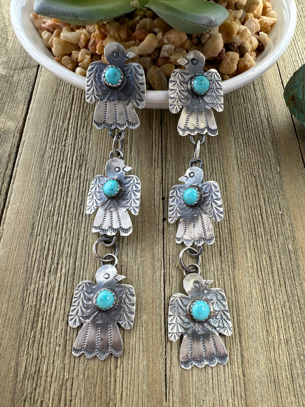 Kingman Turquoise Three Silver Thunderbird Dangle Earrings