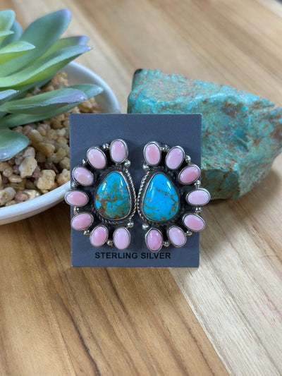 Pink Conch & Kingman Half Cluster Earrings
