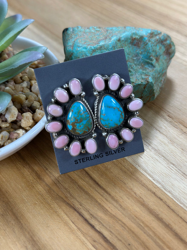 Pink Conch & Kingman Half Cluster Earrings