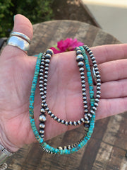Navajo Style Beads and Kingman Turquoise 3 Strand Necklace