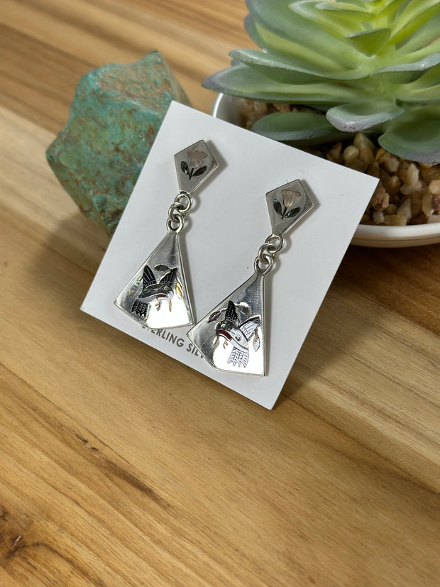 Zuni Humming Bird Inlay Dangle Earrings