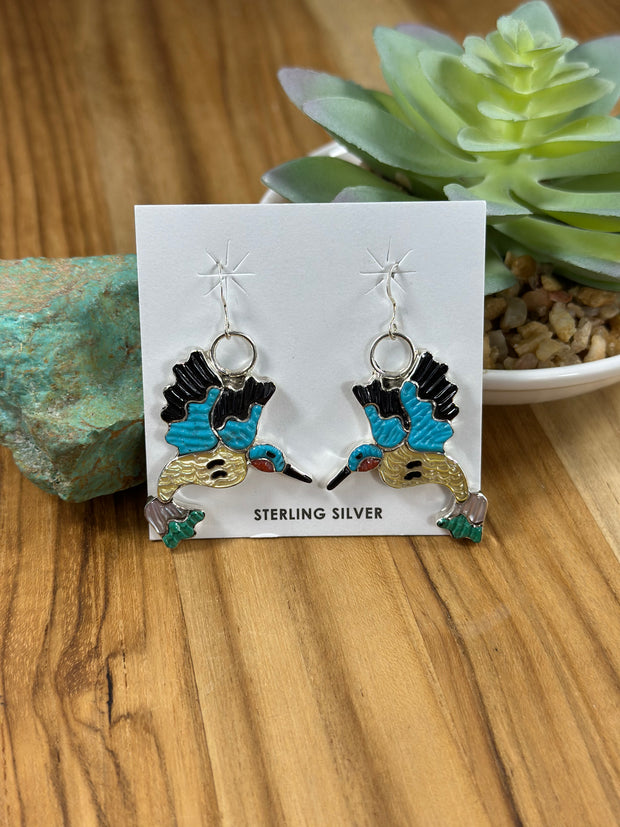 Zuni Humming Bird Inlay Dangle Earrings