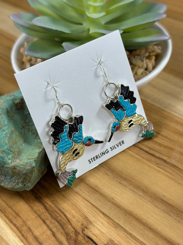 Zuni Humming Bird Inlay Dangle Earrings