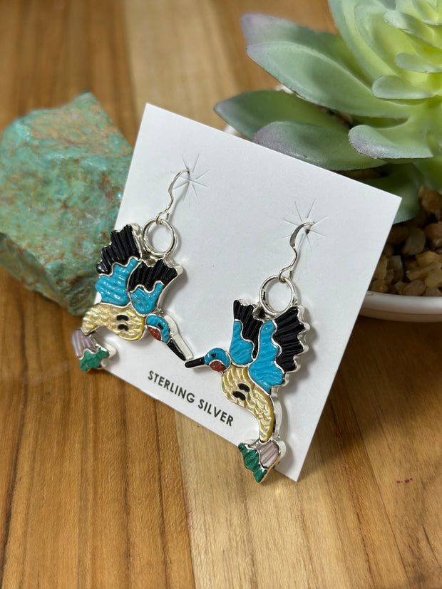 Zuni Humming Bird Inlay Dangle Earrings
