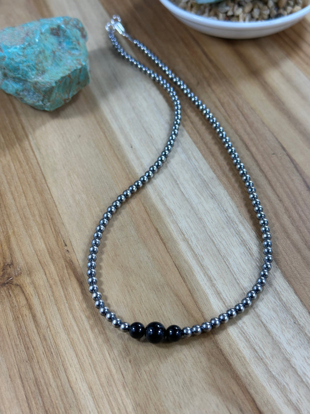 4-6-8mm Sterling Silver and Black Onyx Necklace