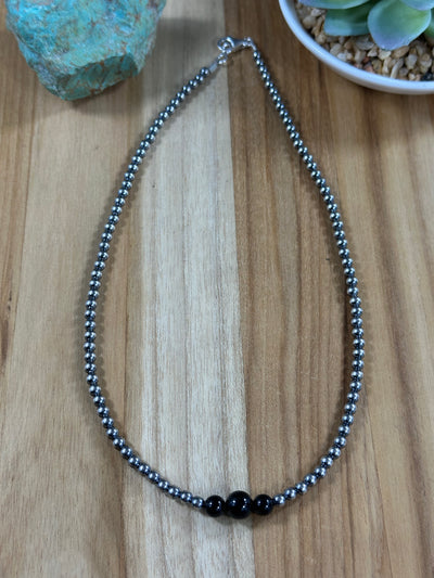 4-6-8mm Sterling Silver and Black Onyx Necklace