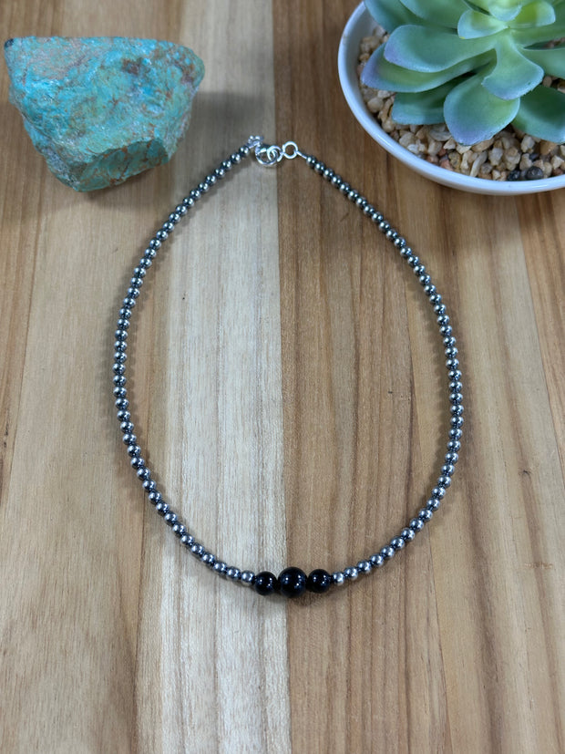 4-6-8mm Sterling Silver and Black Onyx Necklace