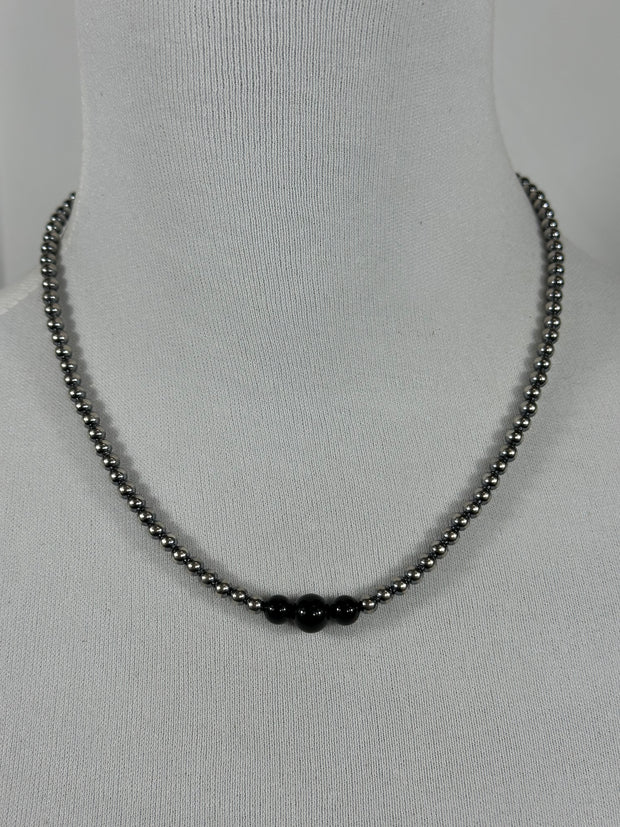 4-6-8mm Sterling Silver and Black Onyx Necklace