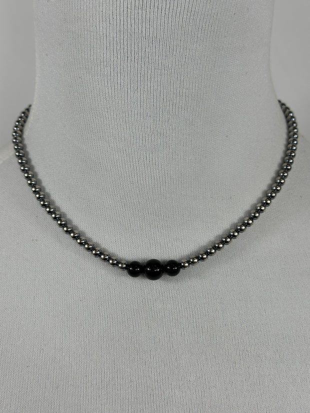 4-6-8mm Sterling Silver and Black Onyx Necklace