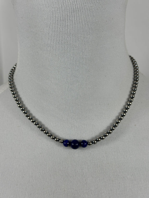 4-6-8mm Sterling Silver and Lapis Necklace