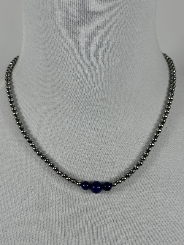4-6-8mm Sterling Silver and Lapis Necklace