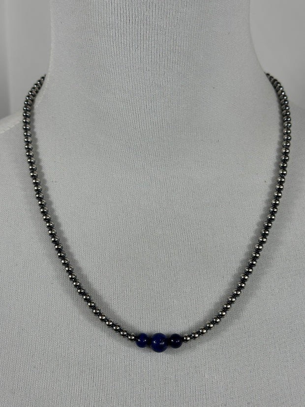 4-6-8mm Sterling Silver and Lapis Necklace