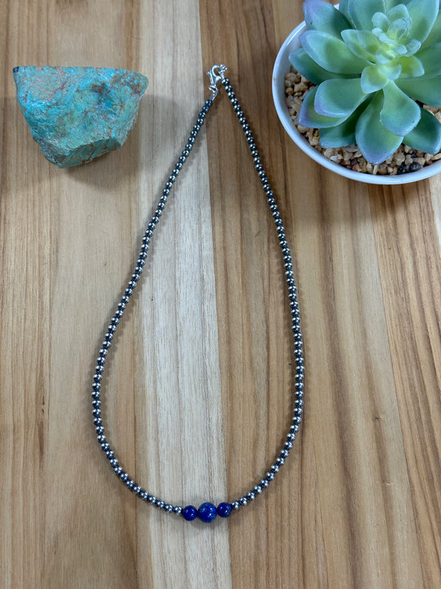 4-6-8mm Sterling Silver and Lapis Necklace