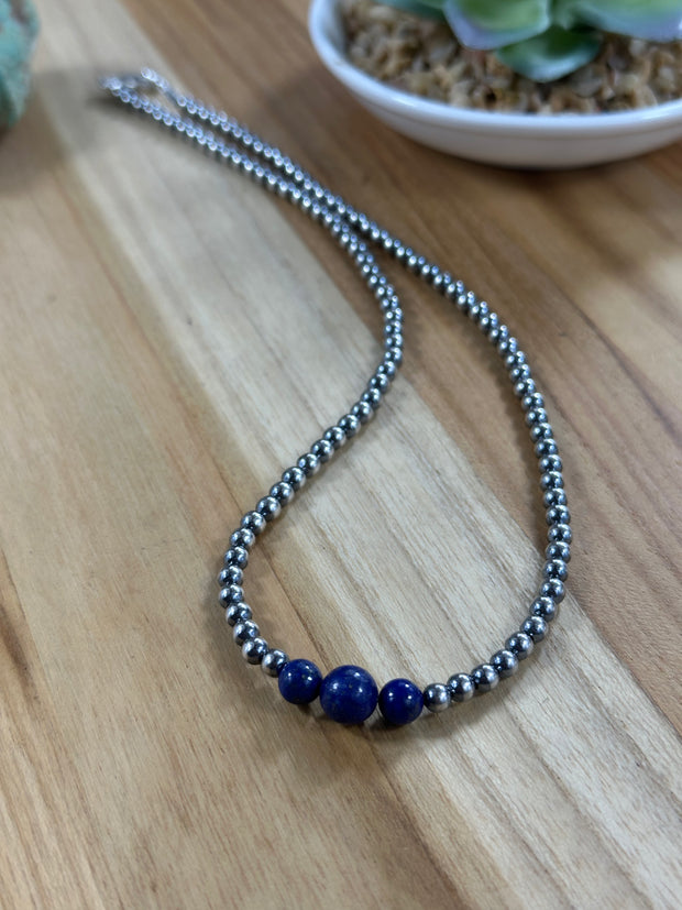 4-6-8mm Sterling Silver and Lapis Necklace