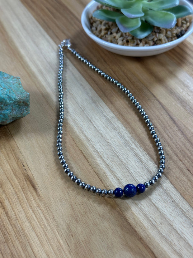 4-6-8mm Sterling Silver and Lapis Necklace