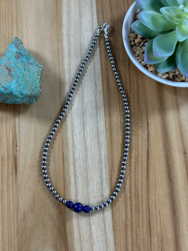 4-6-8mm Sterling Silver and Lapis Necklace