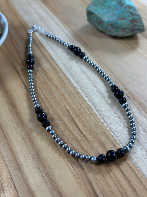 4-8mm Sterling Silver and Black Onyx Necklace