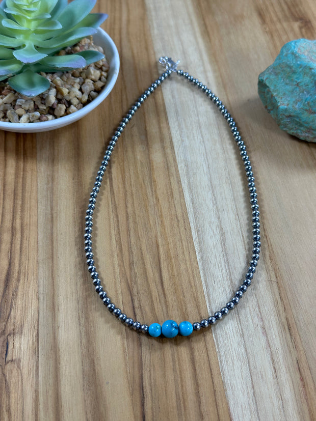 4-6-8mm Sterling Silver and Kingman Turquoise Necklace