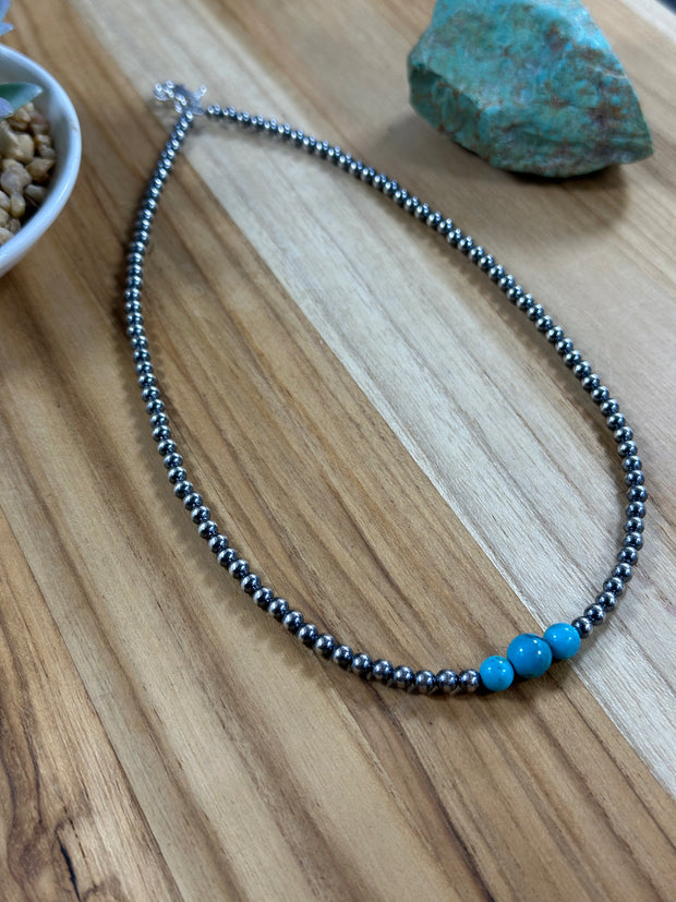 4-6-8mm Sterling Silver and Kingman Turquoise Necklace