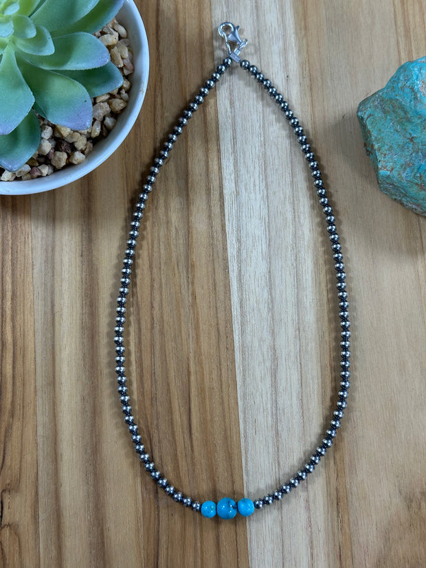 4-6-8mm Sterling Silver and Kingman Turquoise Necklace