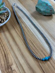 4-6-8mm Sterling Silver and Kingman Turquoise Necklace