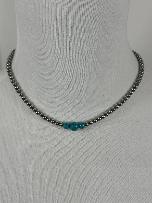 4-6-8mm Sterling Silver and Kingman Turquoise Necklace