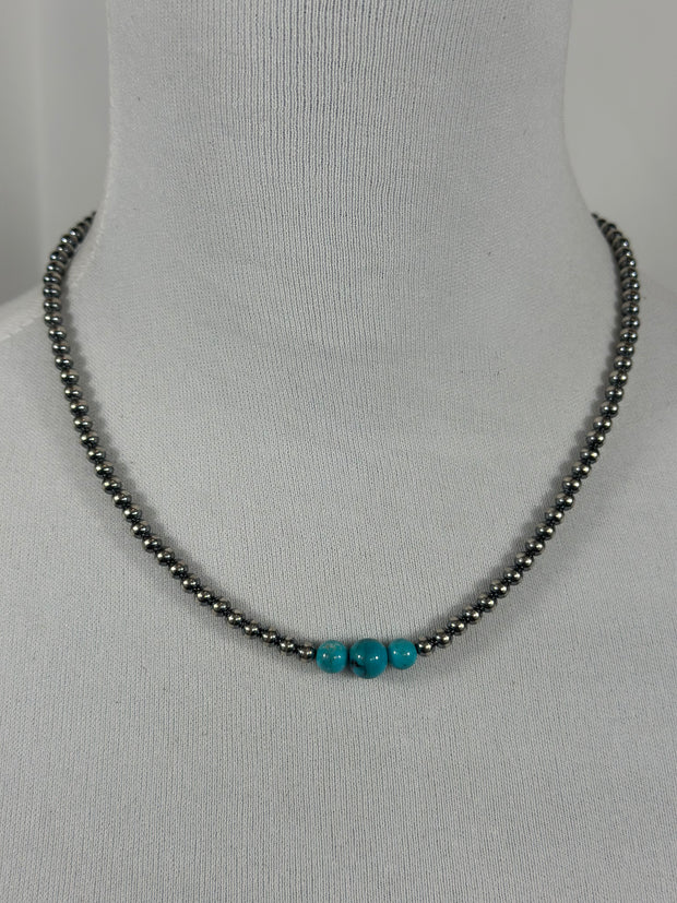 4-6-8mm Sterling Silver and Kingman Turquoise Necklace