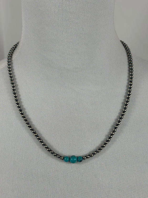 4-6-8mm Sterling Silver and Kingman Turquoise Necklace