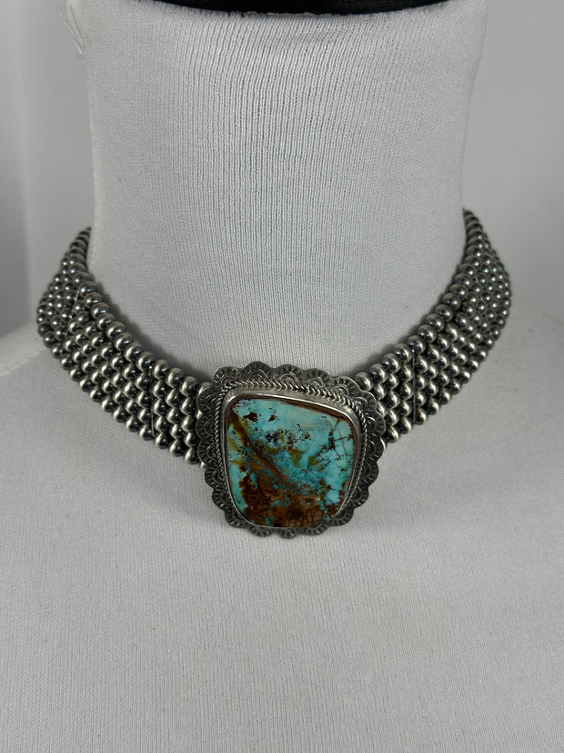 Single Stone 5 Strand Kingman Turquoise And Navajo Pearls Choker