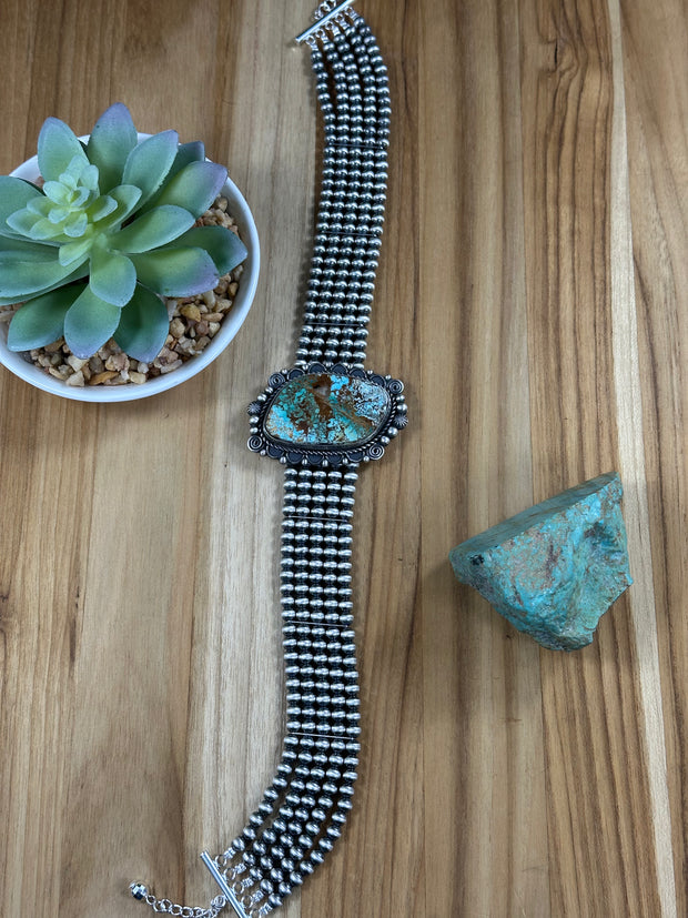 Single Stone 5 Strand Kingman Turquoise And Navajo Pearls Choker