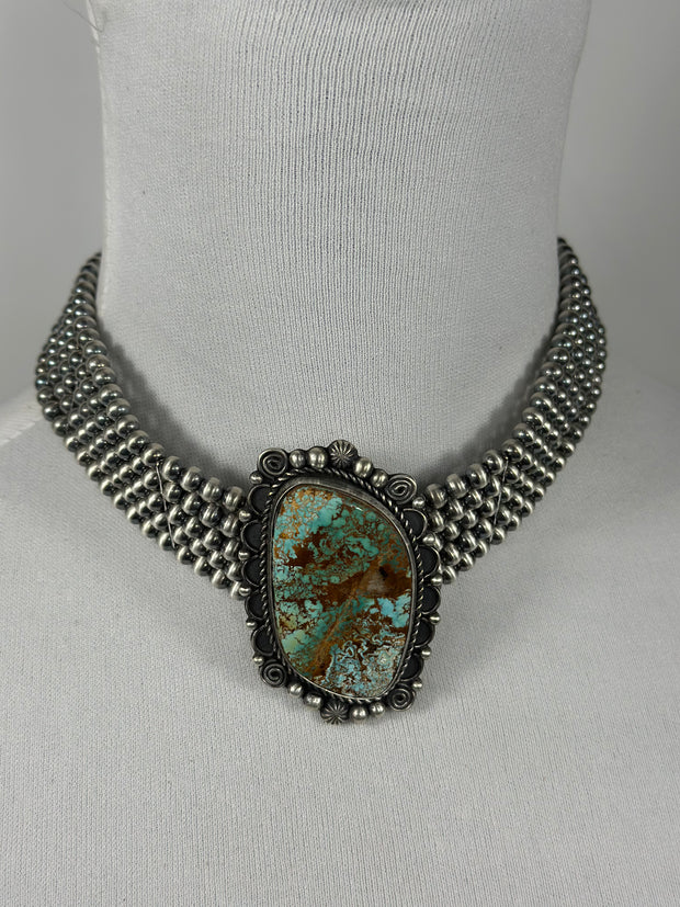 Single Stone 5 Strand Kingman Turquoise And Navajo Pearls Choker
