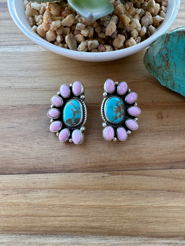 Pink Conch & Kingman Half Cluster Earrings