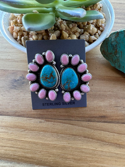Pink Conch & Kingman Half Cluster Earrings