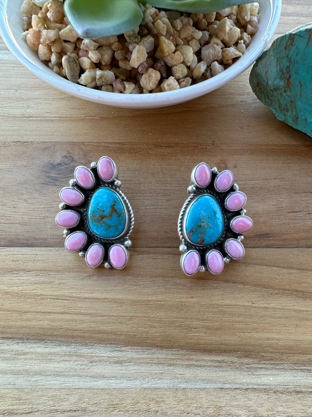 Pink Conch & Kingman Half Cluster Earrings