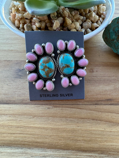 Pink Conch & Kingman Half Cluster Earrings