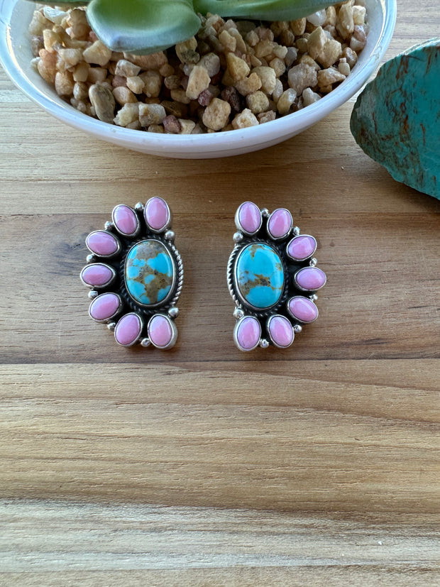 Pink Conch & Kingman Half Cluster Earrings