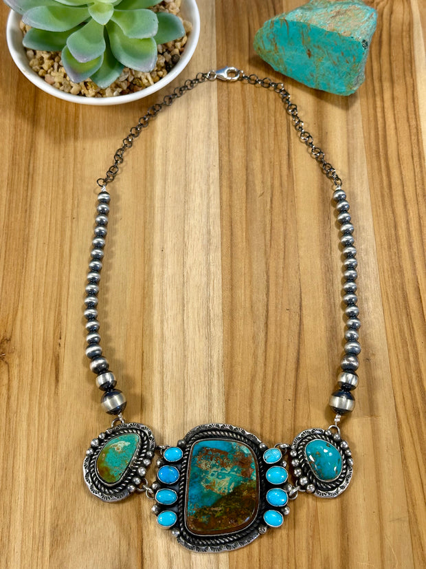 Sterling Pearl and Royston Cluster Necklace